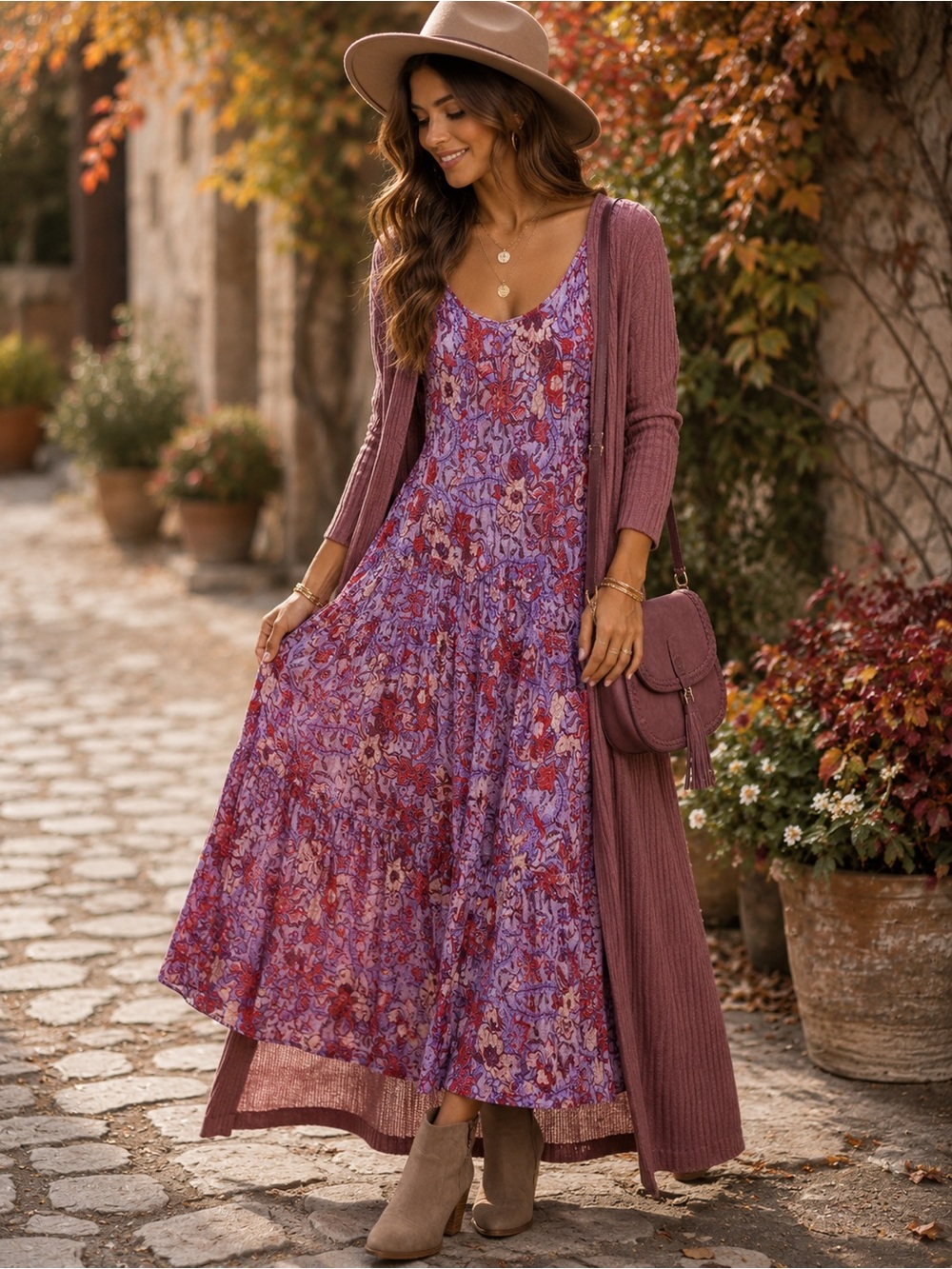 Knox Rose Purple Floral Boho Midi Dress | Tiered Flutter Sleeve Cottagecore - Picture 2 of 8